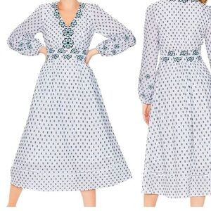 Biden | Womens Flossie Midi Embroidered Dress White & Blue Textured Floral VNeck